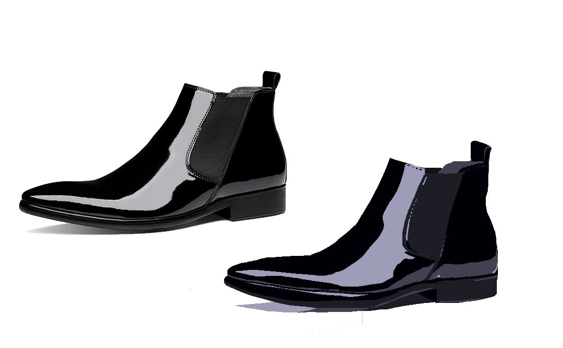 A digital study of a shiny black shoe on a white background. The shoe is rendered realistically side-by-side with the reference image, which is nearly identical.